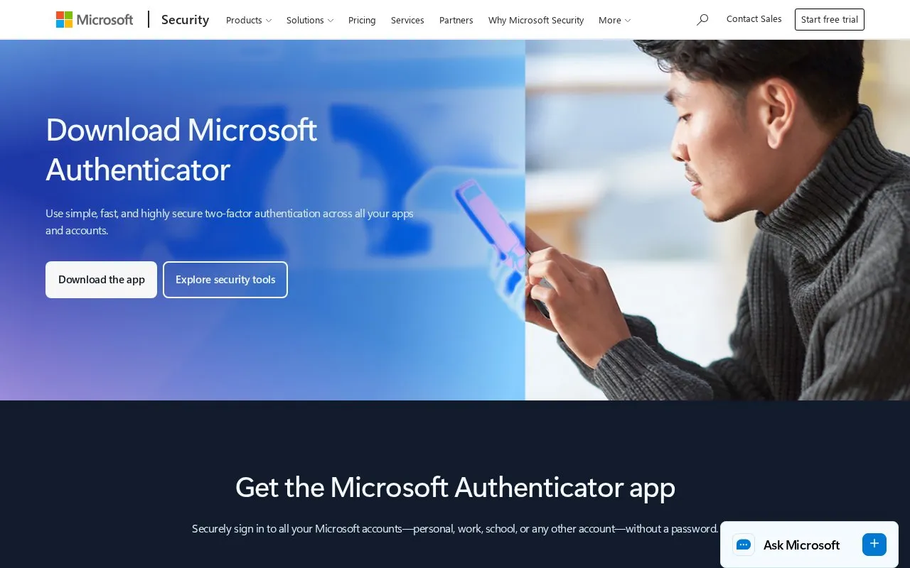 Microsoft Authenticator homepage screenshot