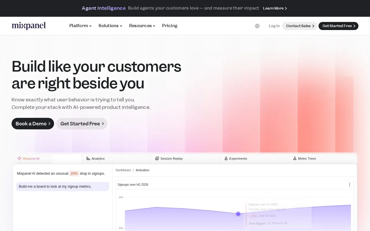 Mixpanel homepage screenshot