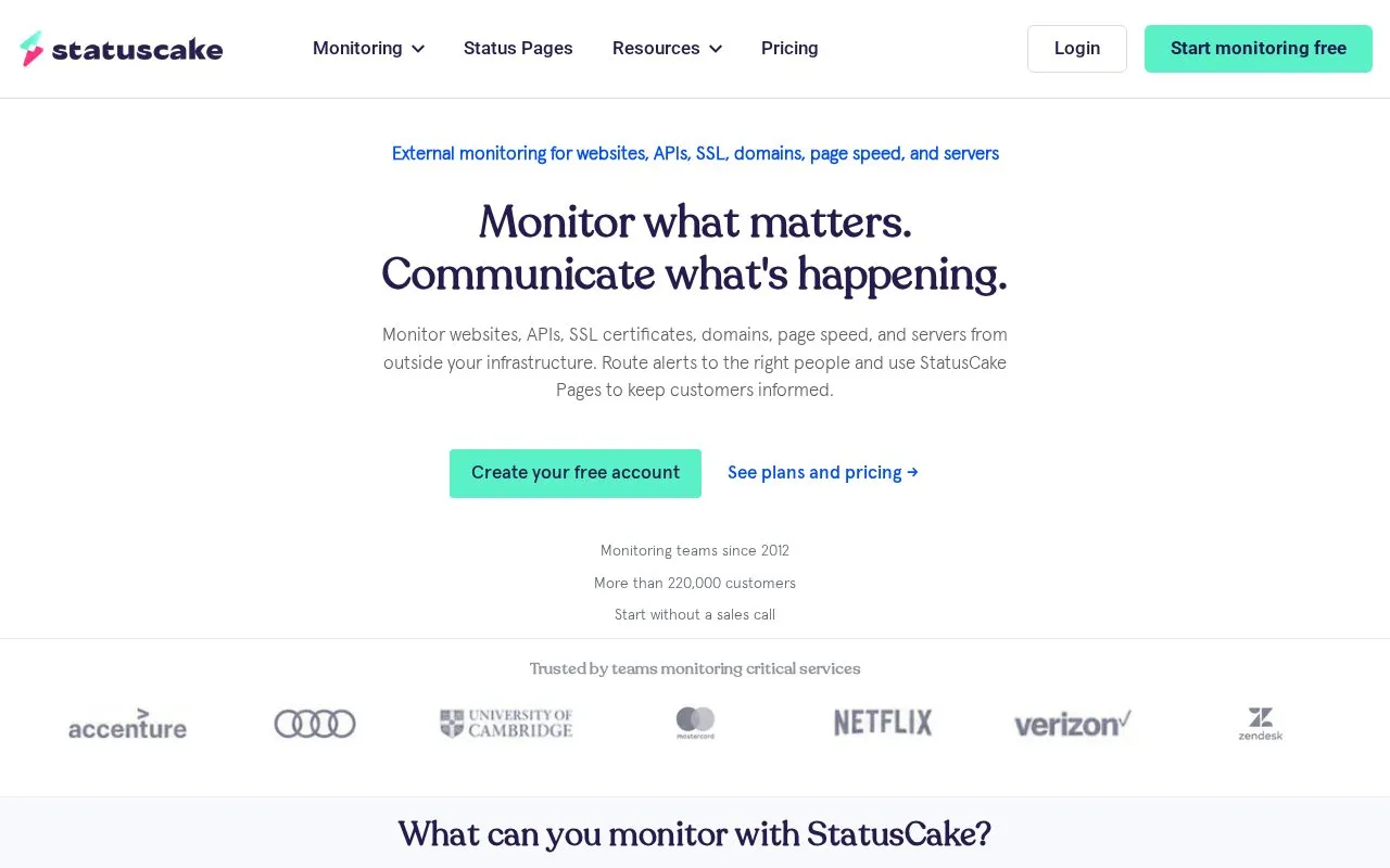StatusCake homepage screenshot