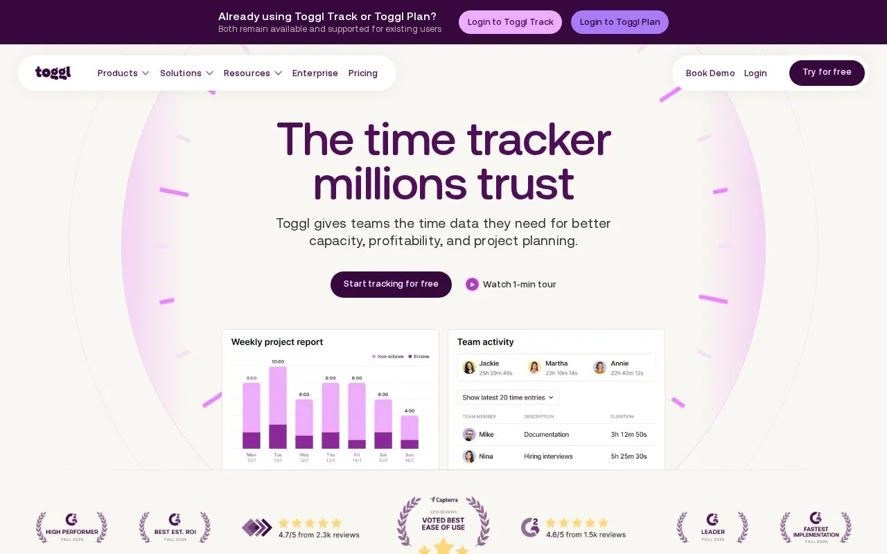 Toggl Track homepage screenshot