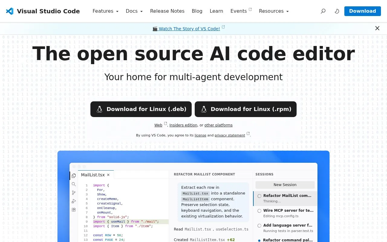 Visual Studio Code homepage screenshot