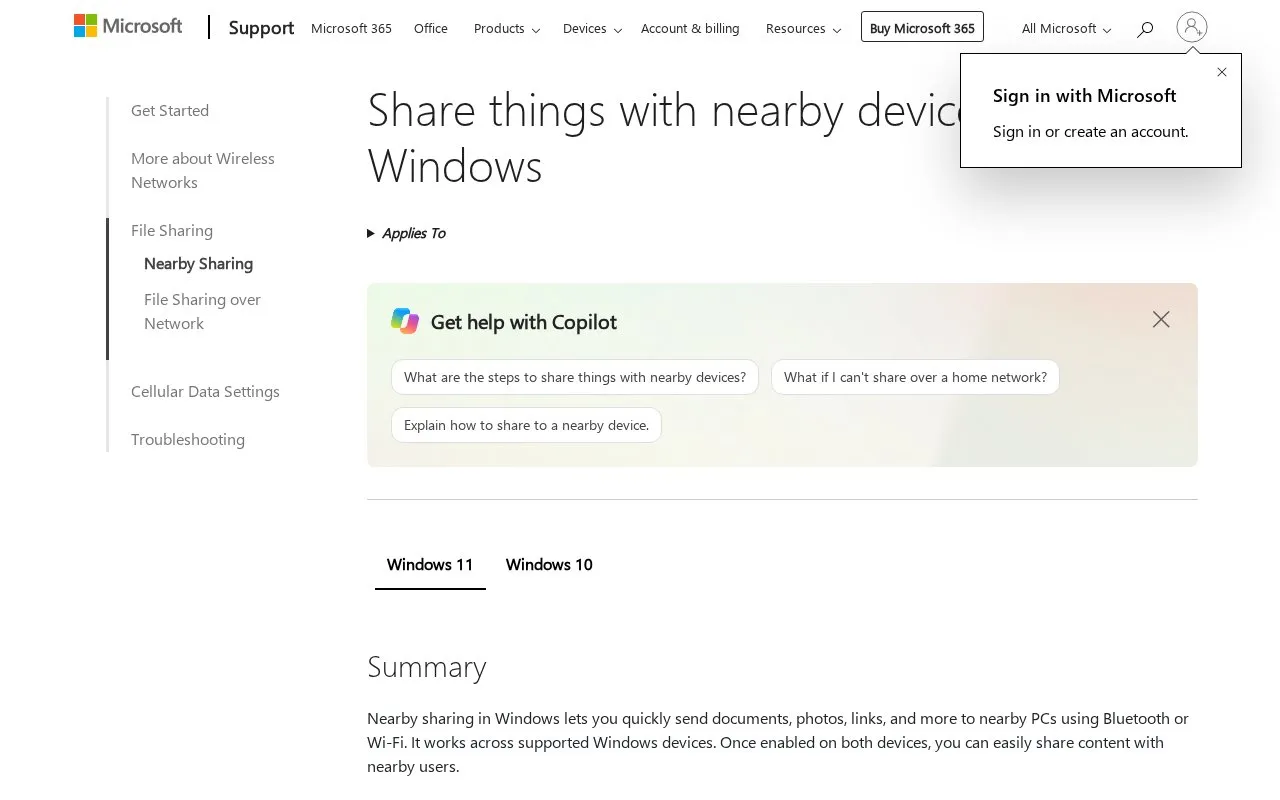 Nearby Sharing homepage screenshot