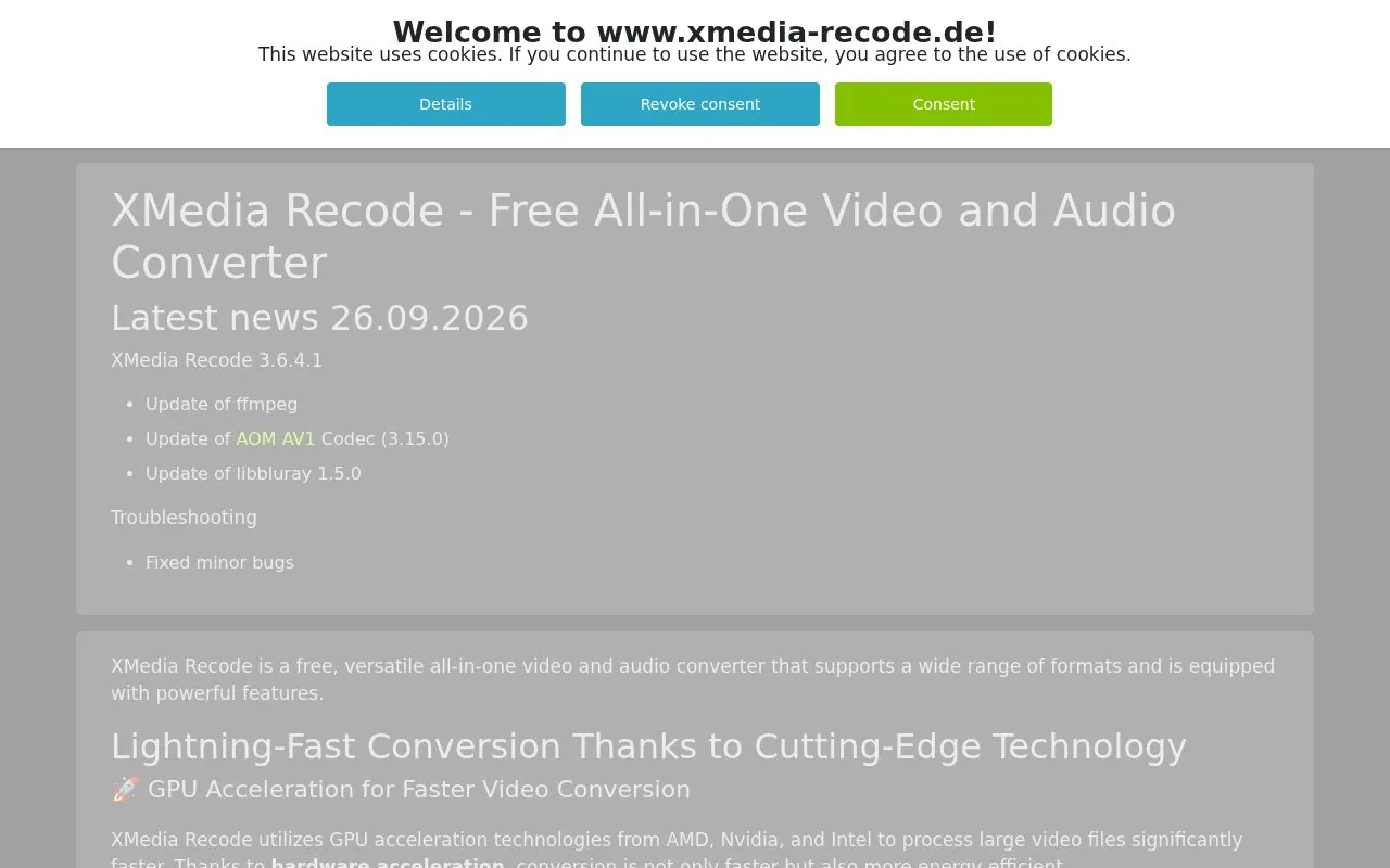 XMedia Recode homepage screenshot