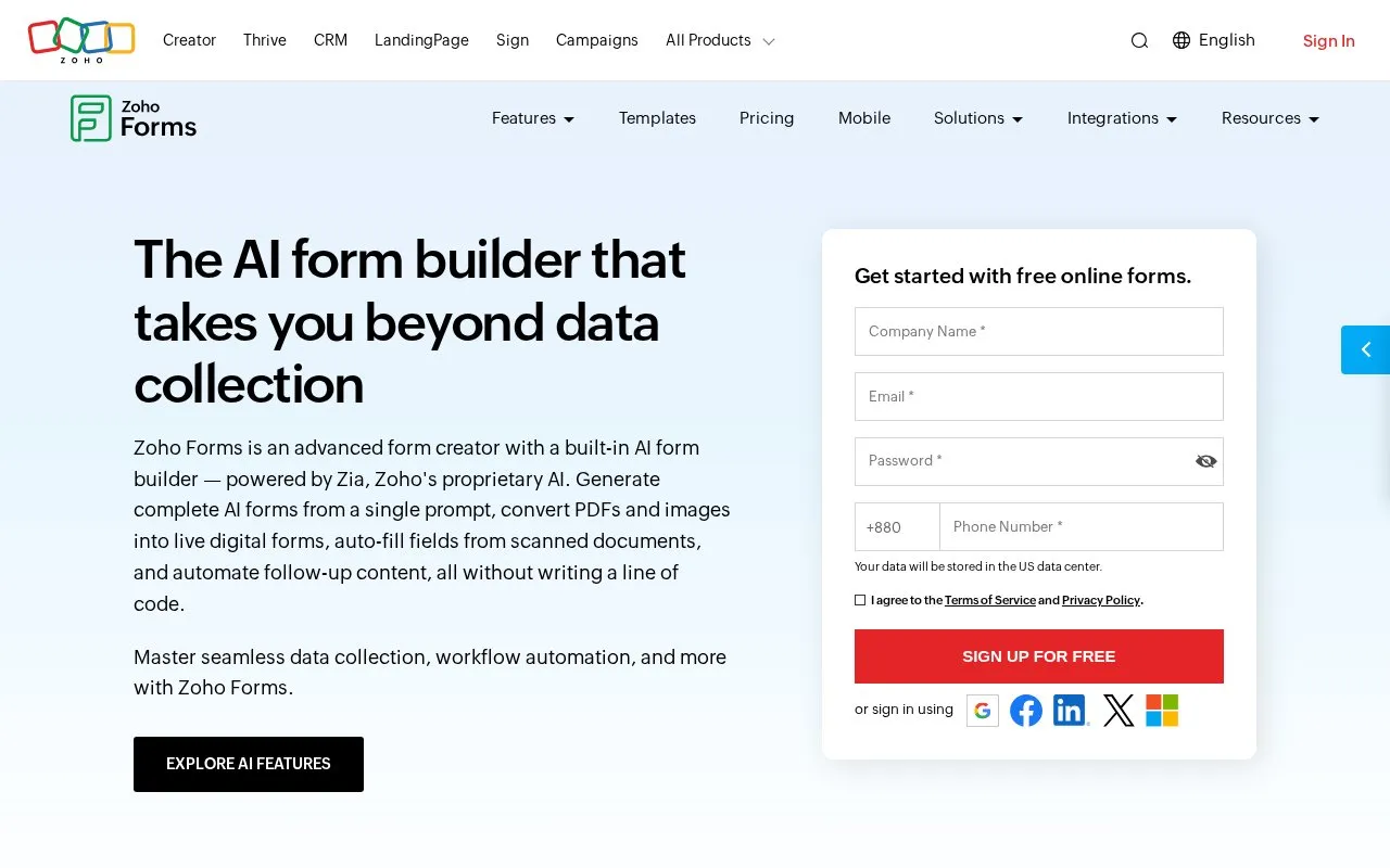 Zoho Forms homepage screenshot