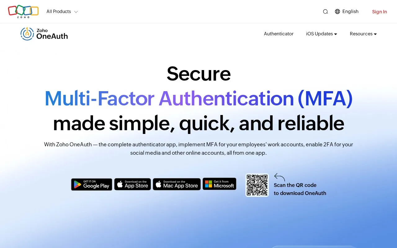 Zoho OneAuth homepage screenshot