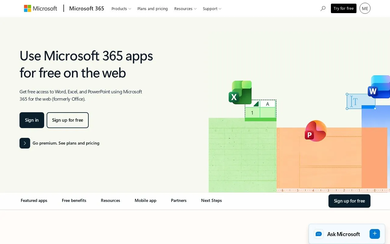 Excel for the web homepage screenshot