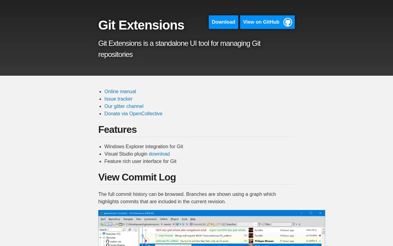 Git Extensions homepage screenshot