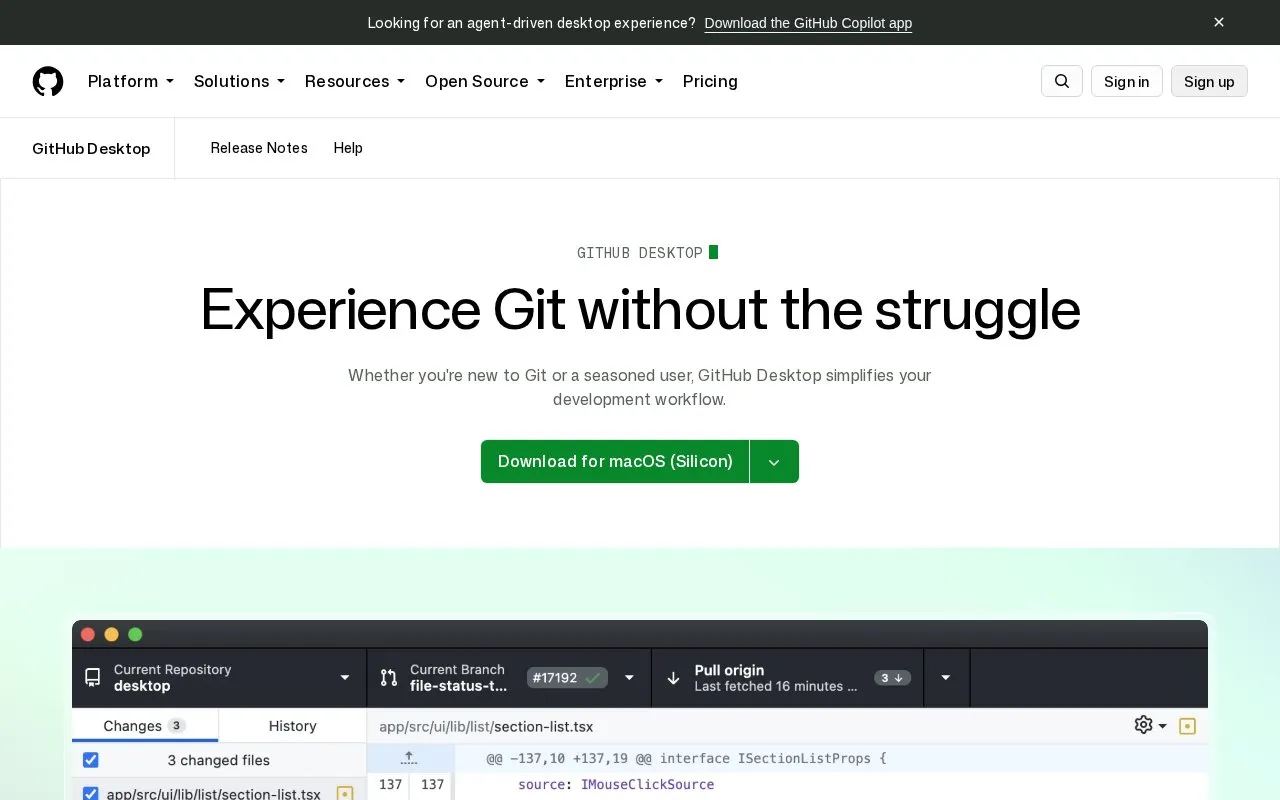 GitHub Desktop homepage screenshot