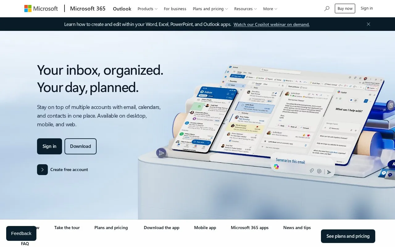 Microsoft Outlook homepage screenshot