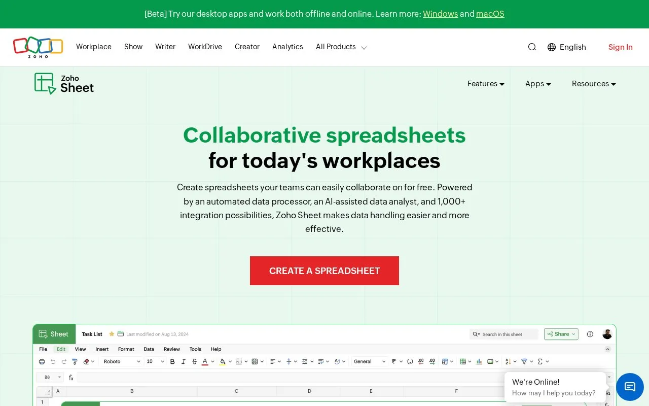 Zoho Sheet homepage screenshot