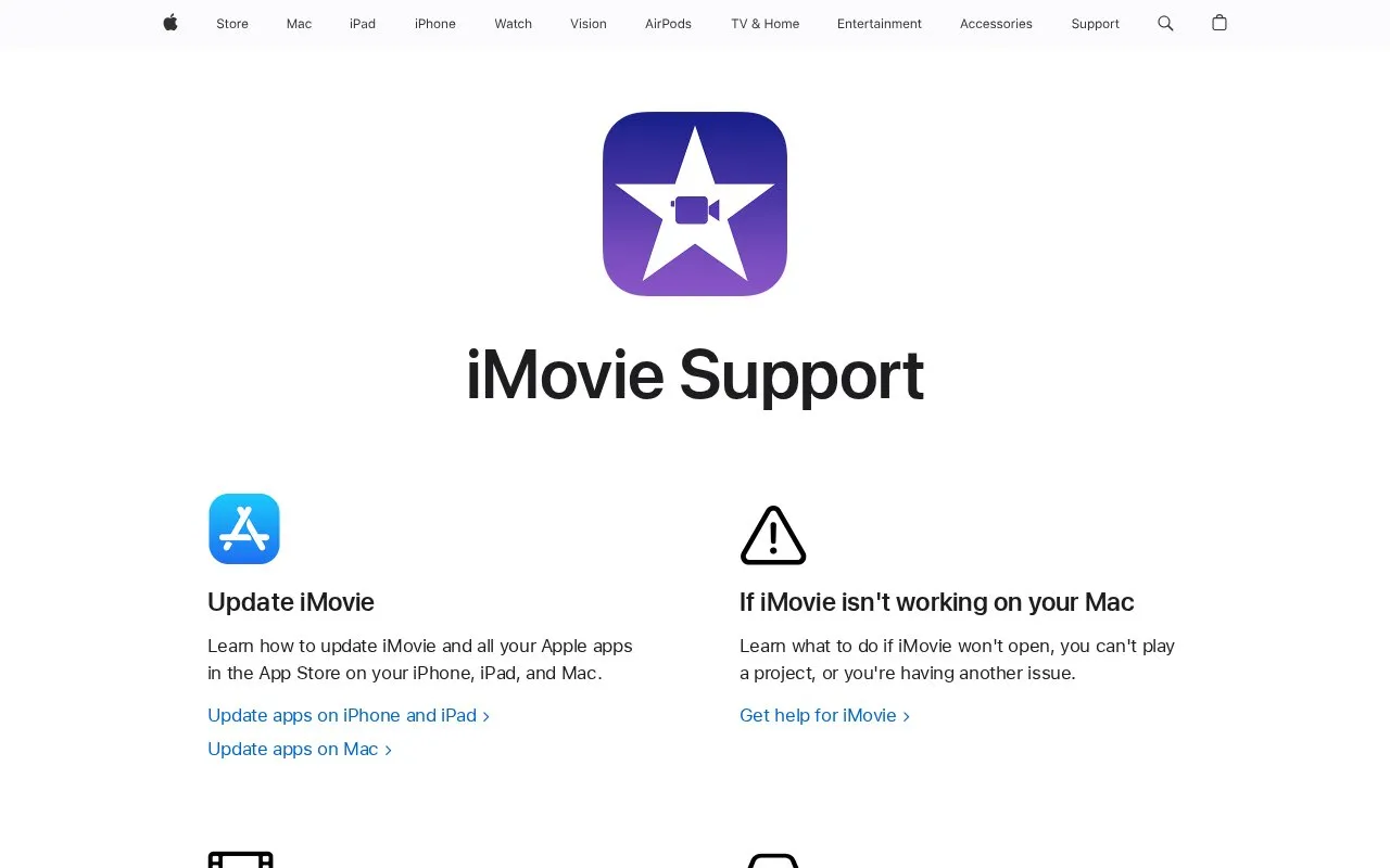 iMovie homepage screenshot