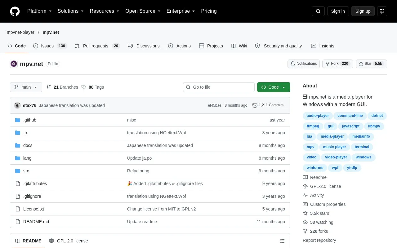 mpv.net homepage screenshot