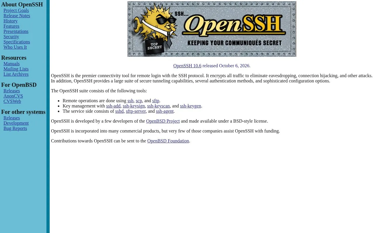 OpenSSH homepage screenshot