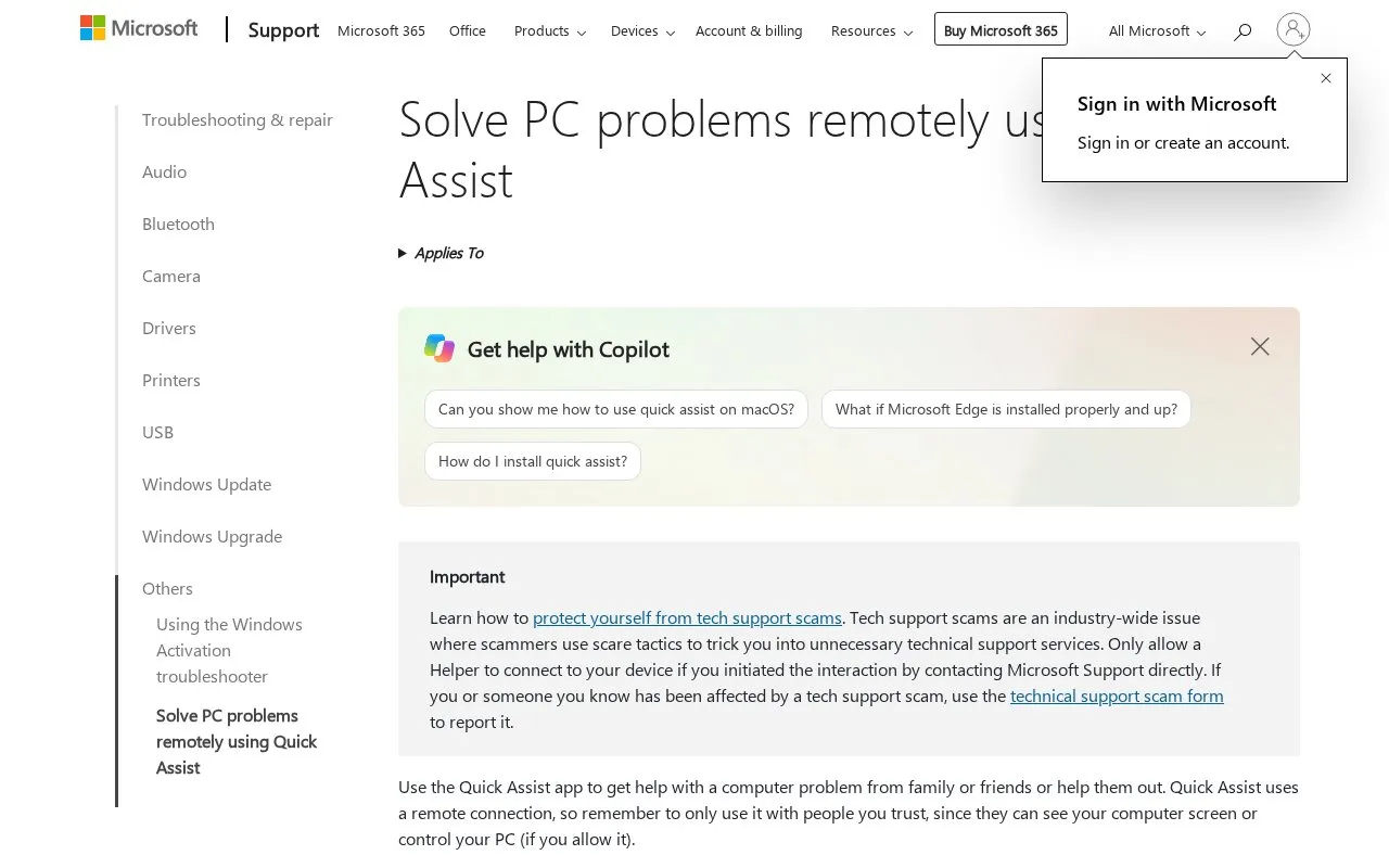 Quick Assist homepage screenshot