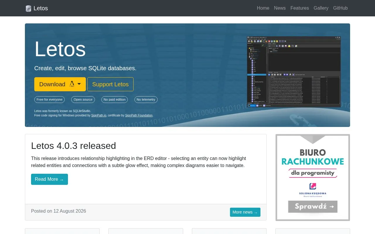 Letos homepage screenshot