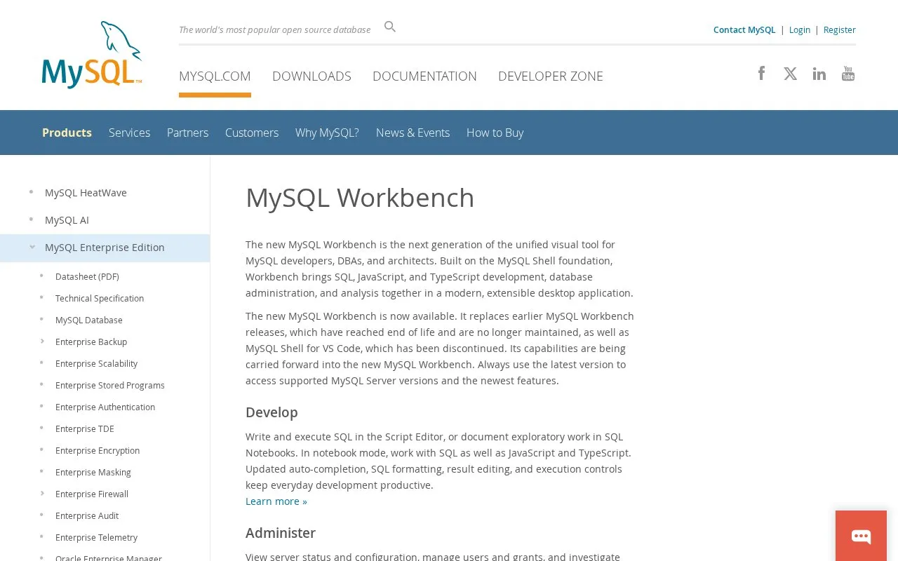 MySQL Workbench Community homepage screenshot