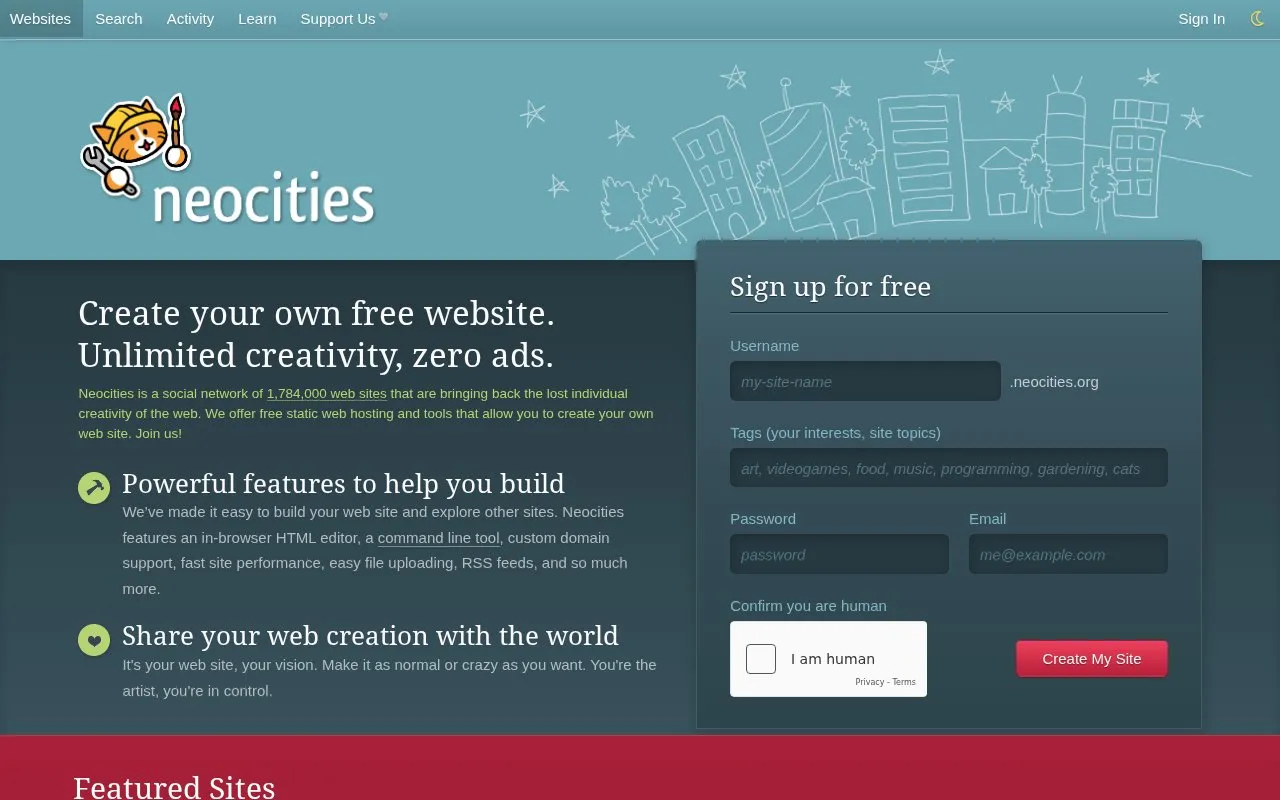 Neocities homepage screenshot