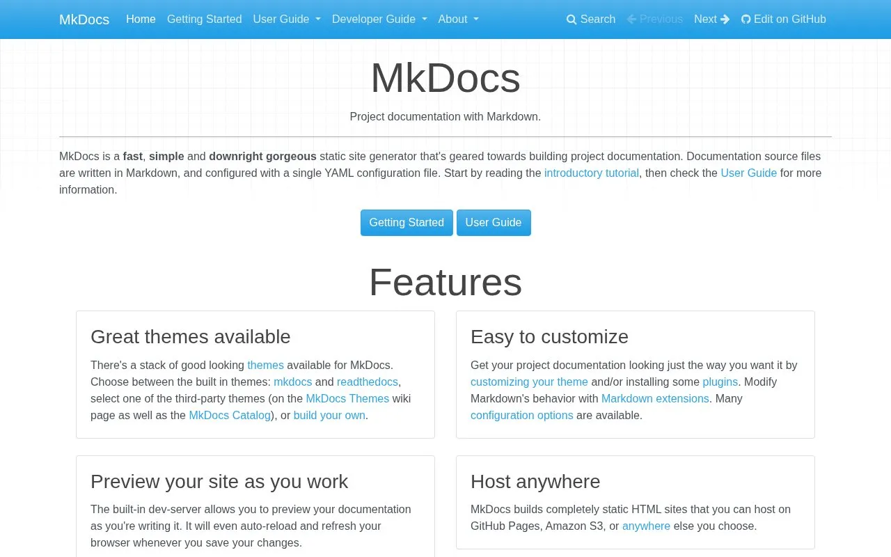 MkDocs homepage screenshot