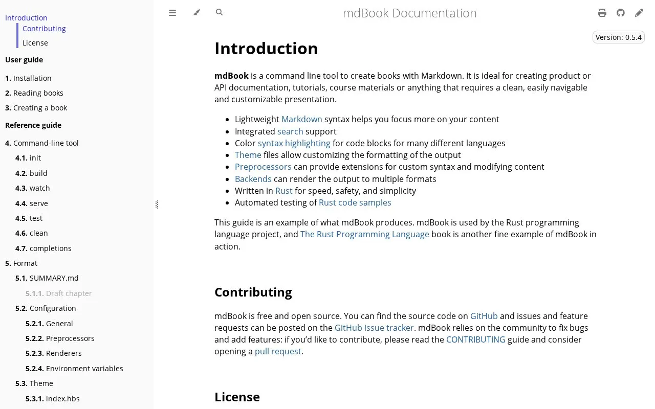mdBook homepage screenshot