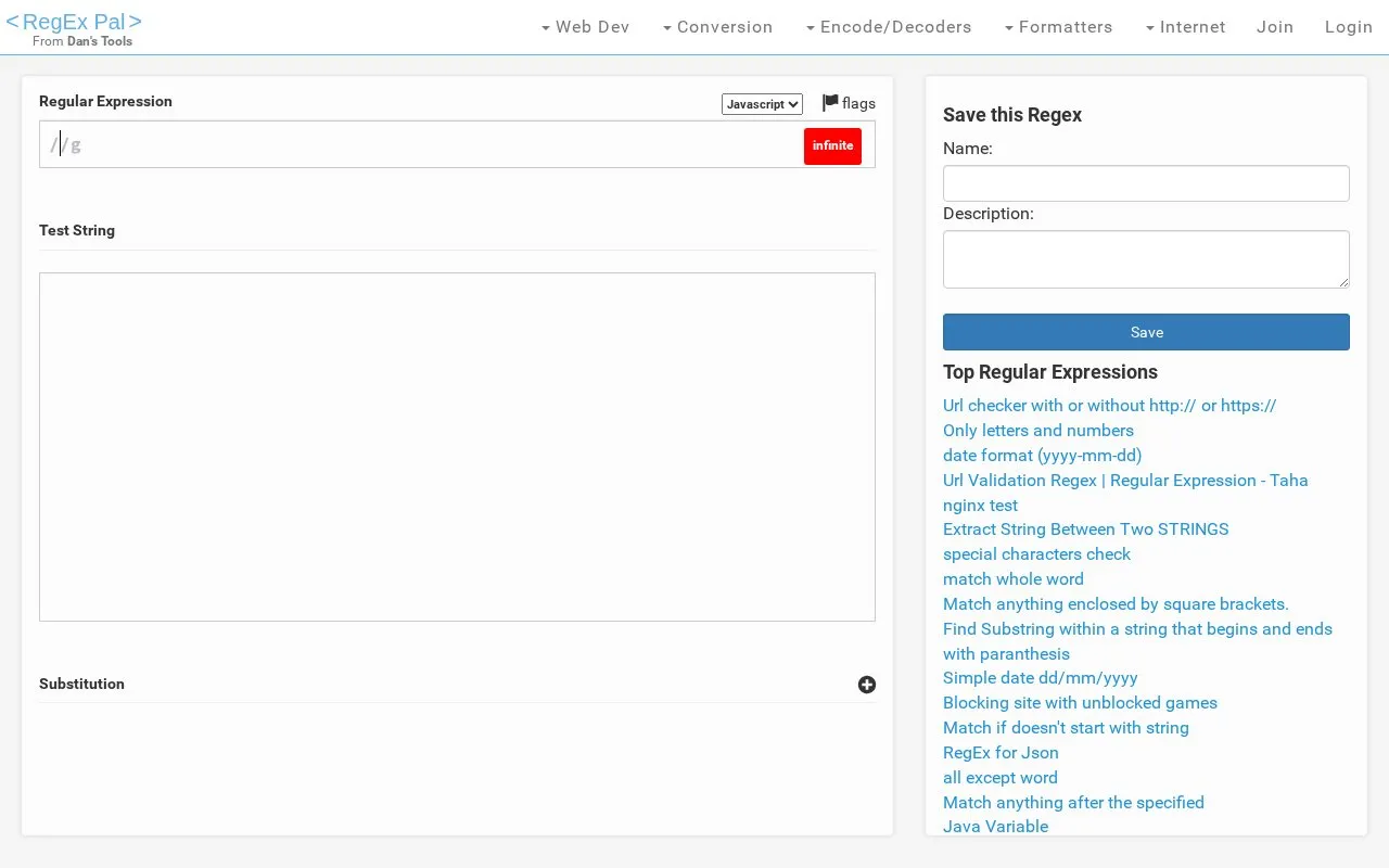 RegexPal homepage screenshot