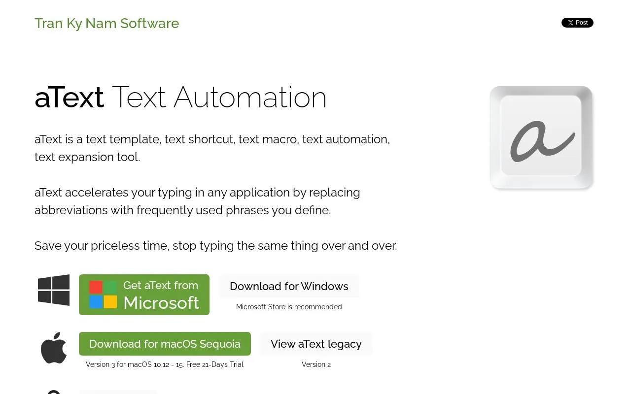 aText homepage screenshot