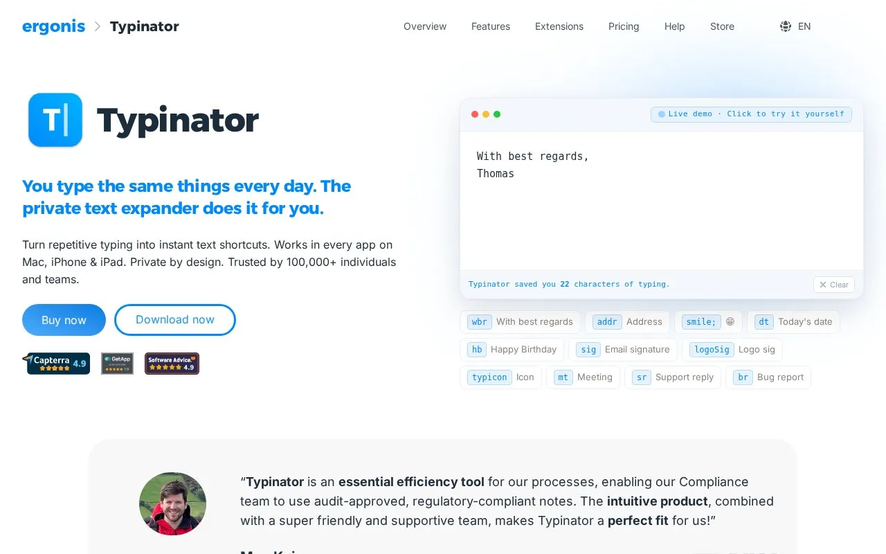 Typinator homepage screenshot