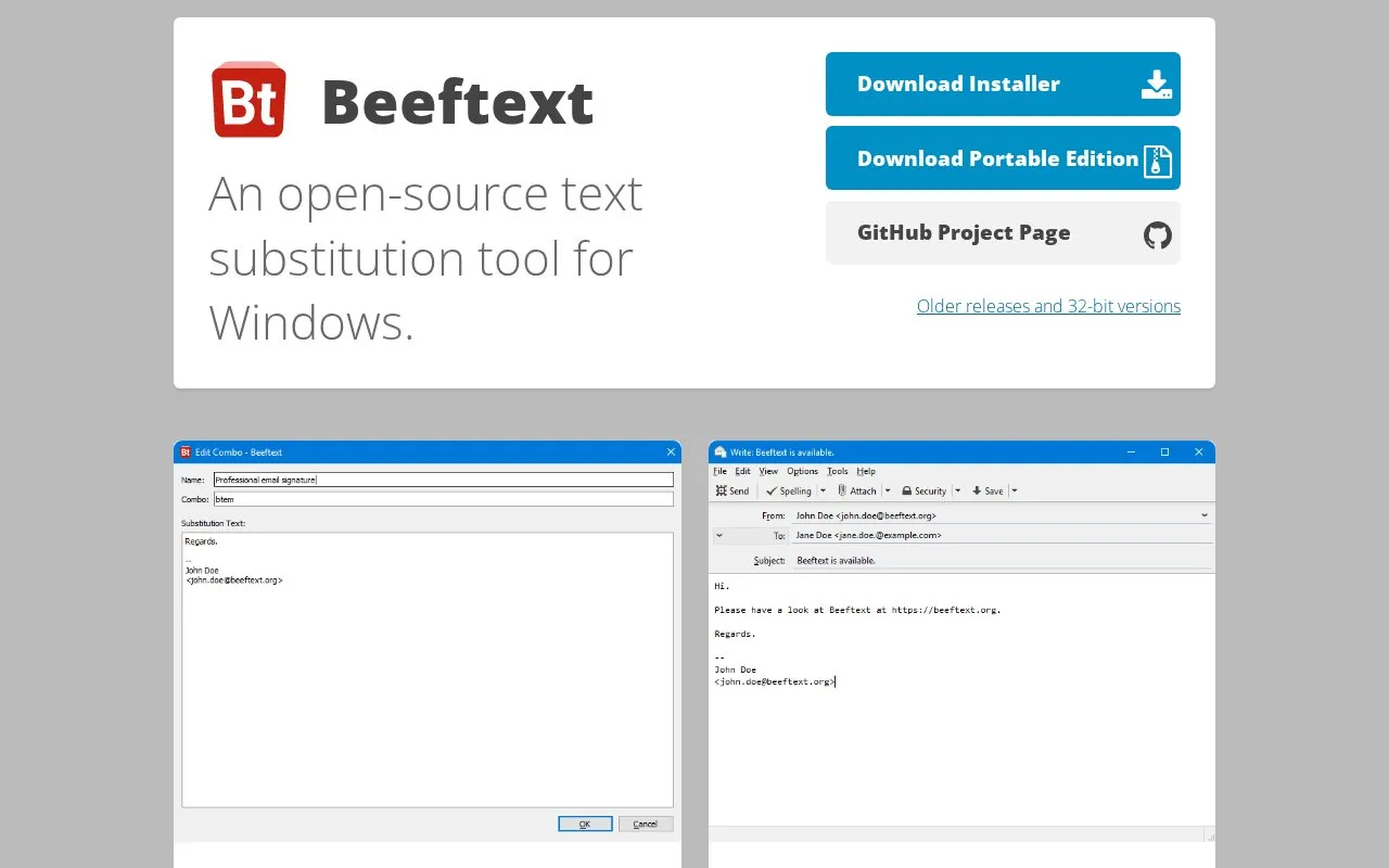 Beeftext homepage screenshot