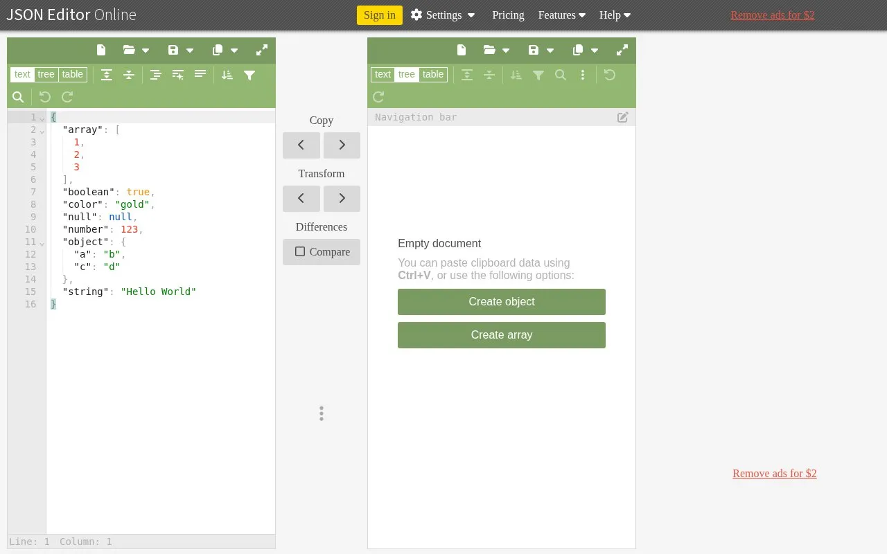 JSON Editor Online homepage screenshot
