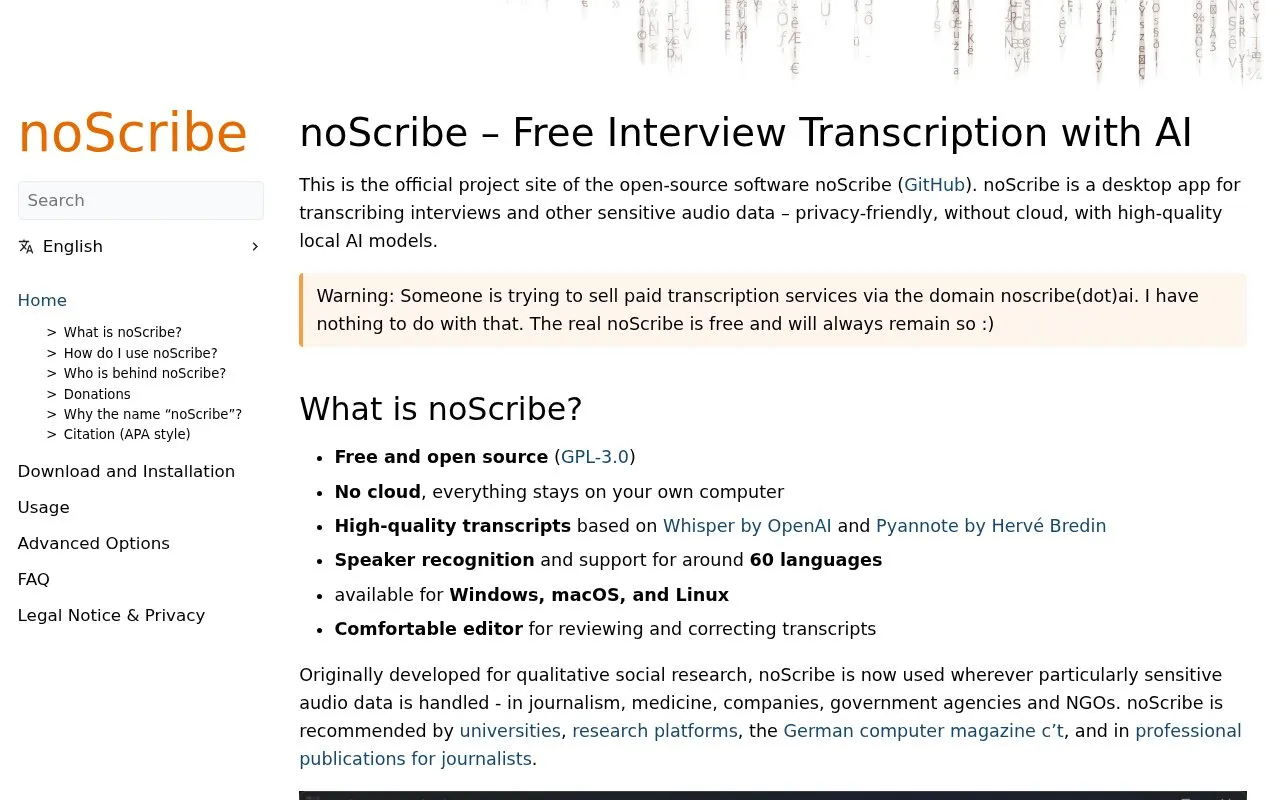 noScribe homepage screenshot