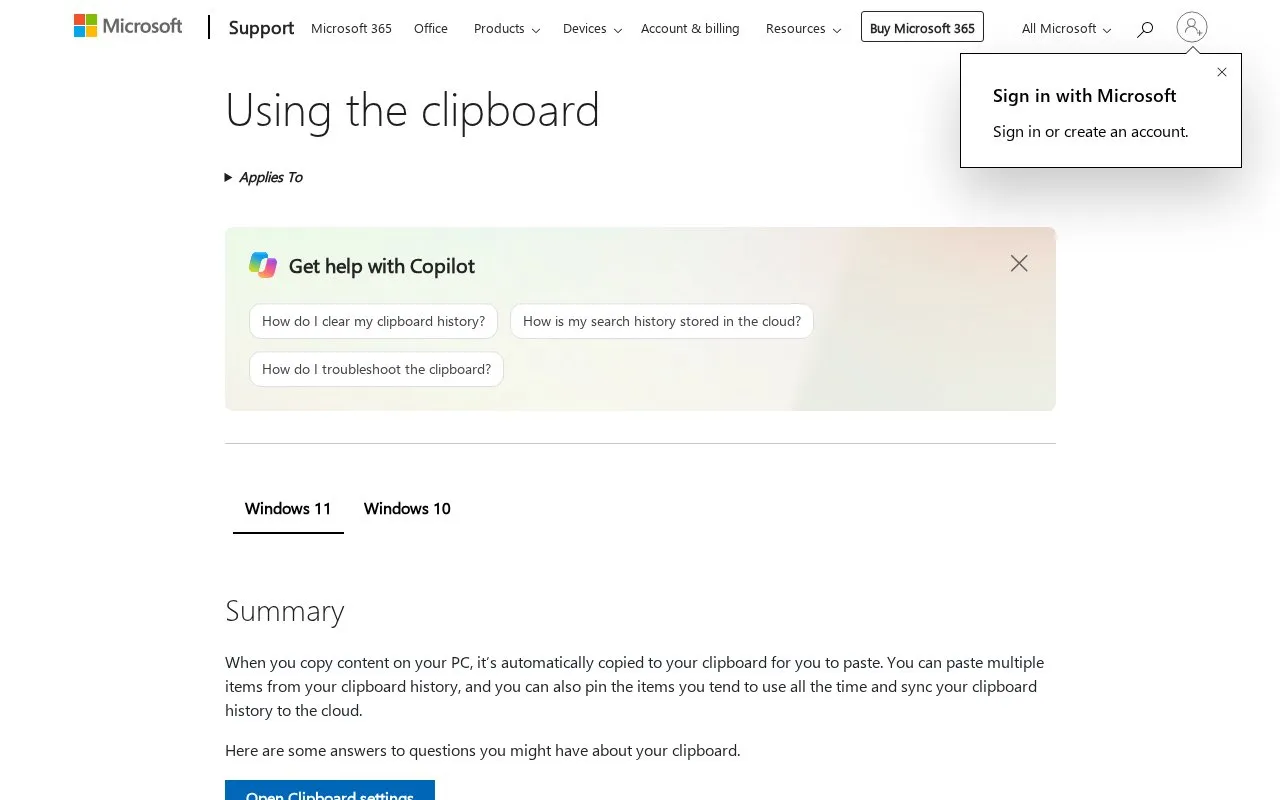 Windows clipboard history homepage screenshot