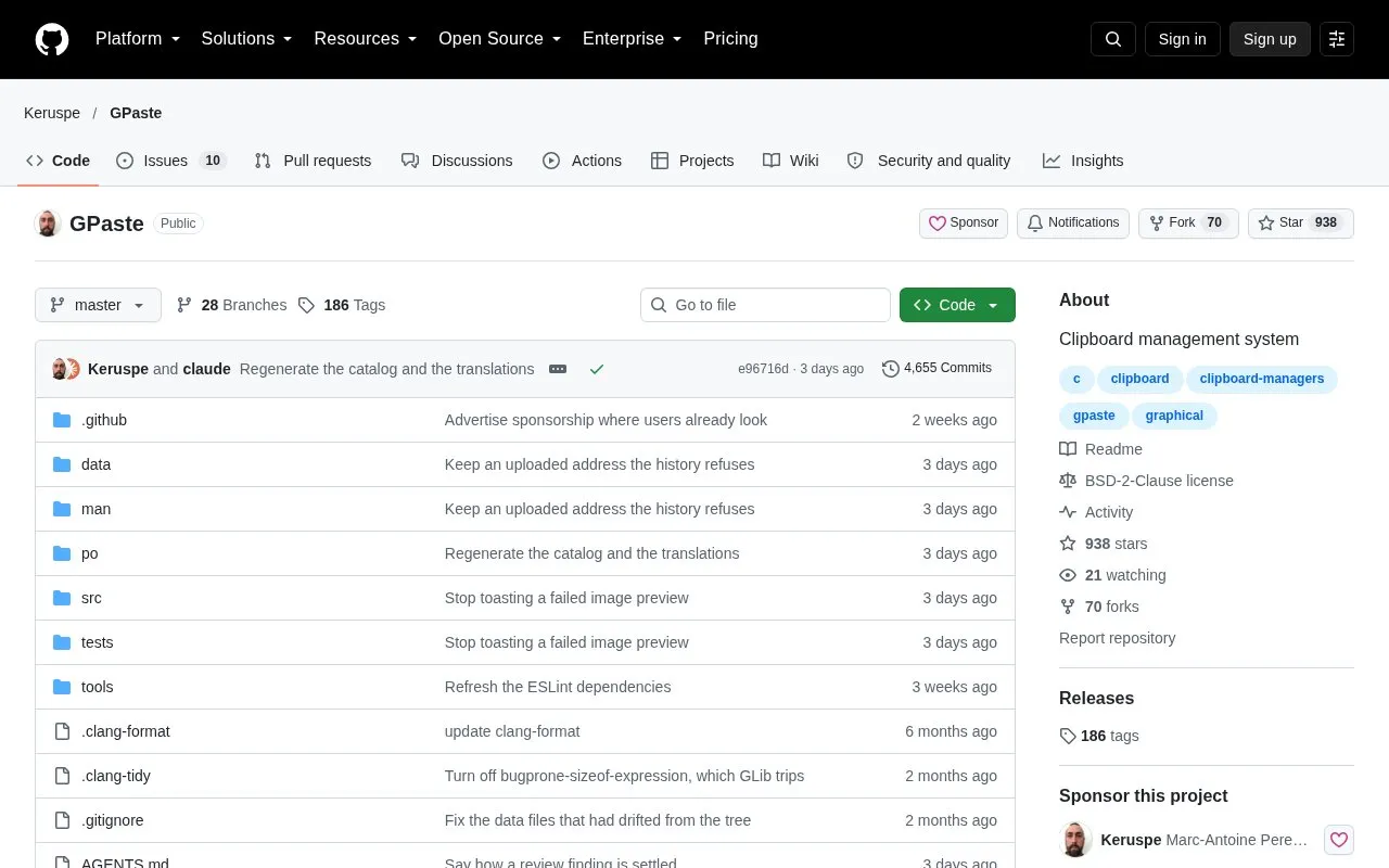 GPaste homepage screenshot