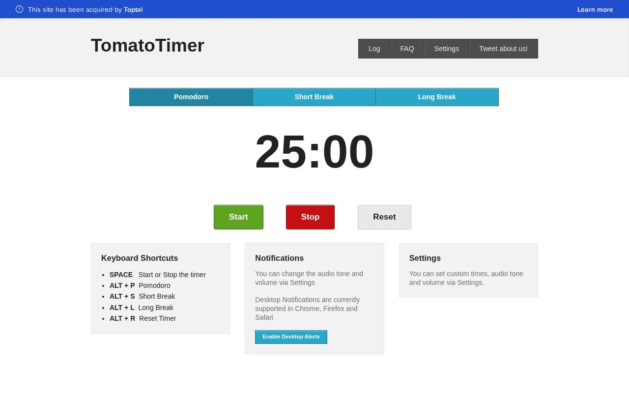 TomatoTimer homepage screenshot