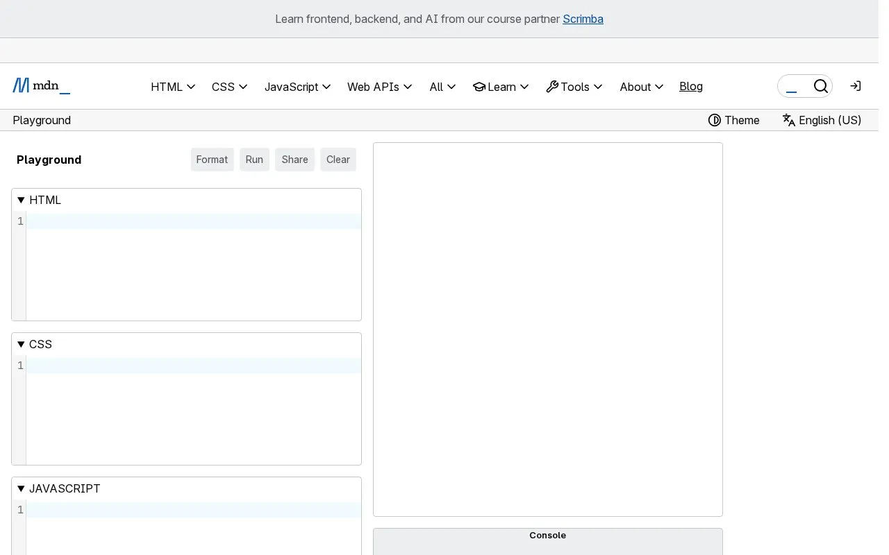 MDN Playground homepage screenshot