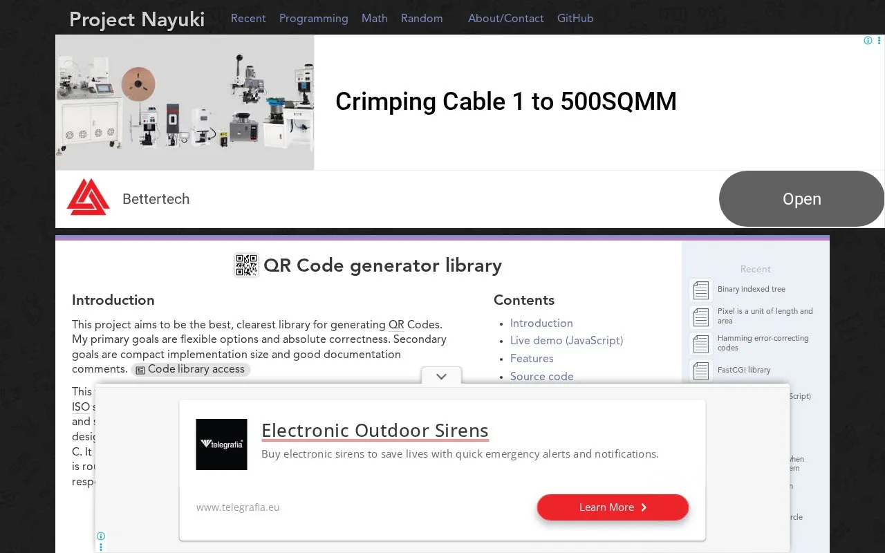 Nayuki QR Code Generator homepage screenshot