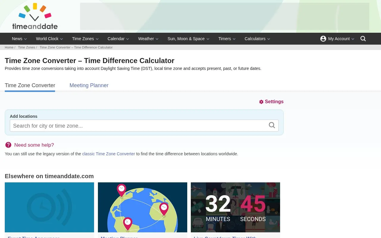 timeanddate Time Zone Converter homepage screenshot