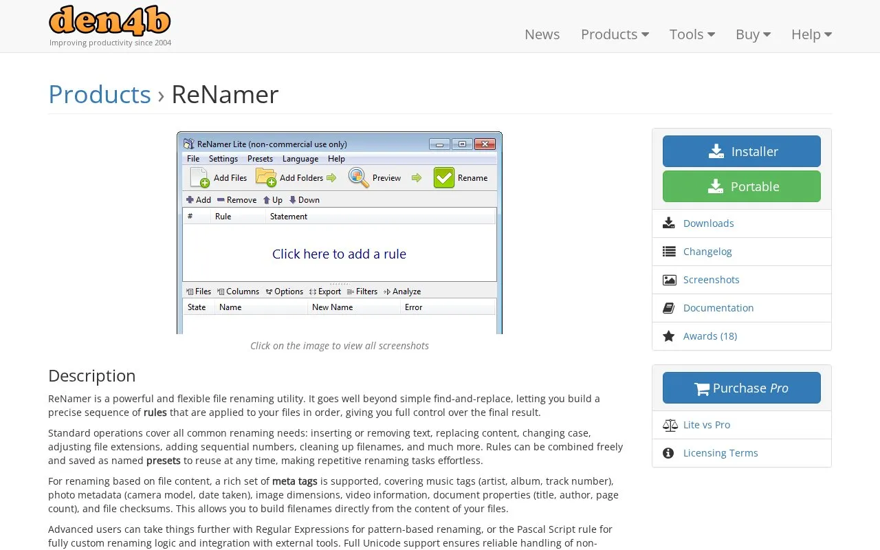 ReNamer homepage screenshot