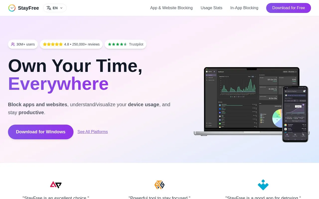 StayFree homepage screenshot