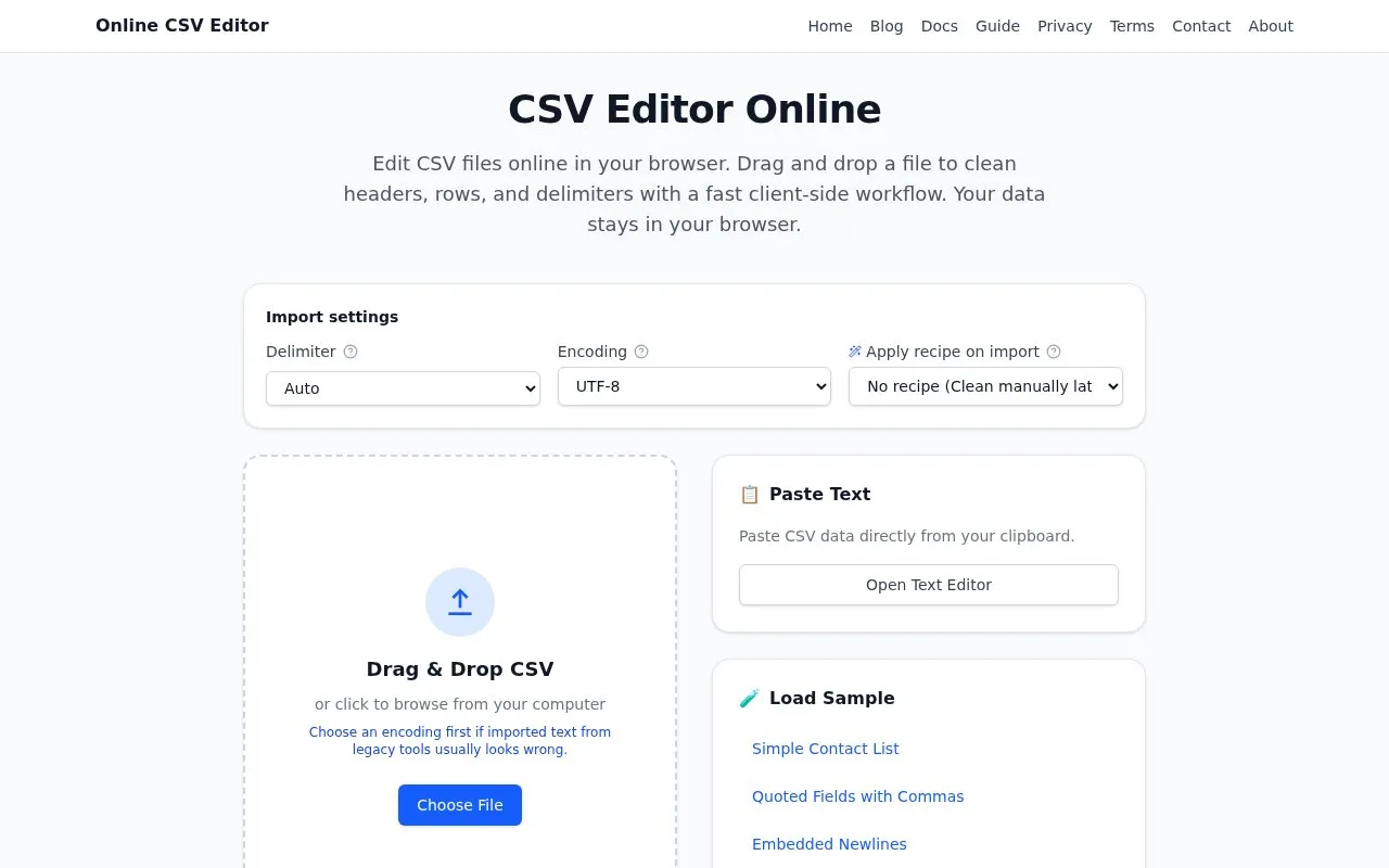 CSV Editor Online homepage screenshot