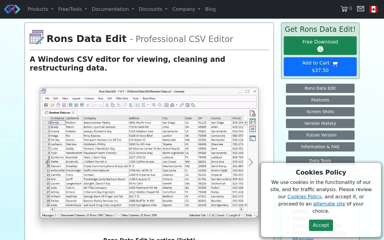 Rons Data Edit homepage screenshot