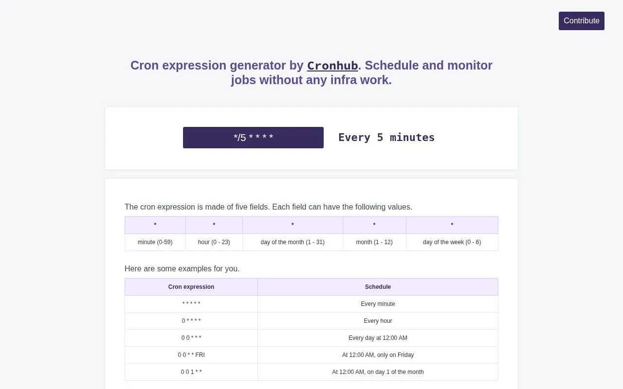 Cronhub Expression Generator homepage screenshot
