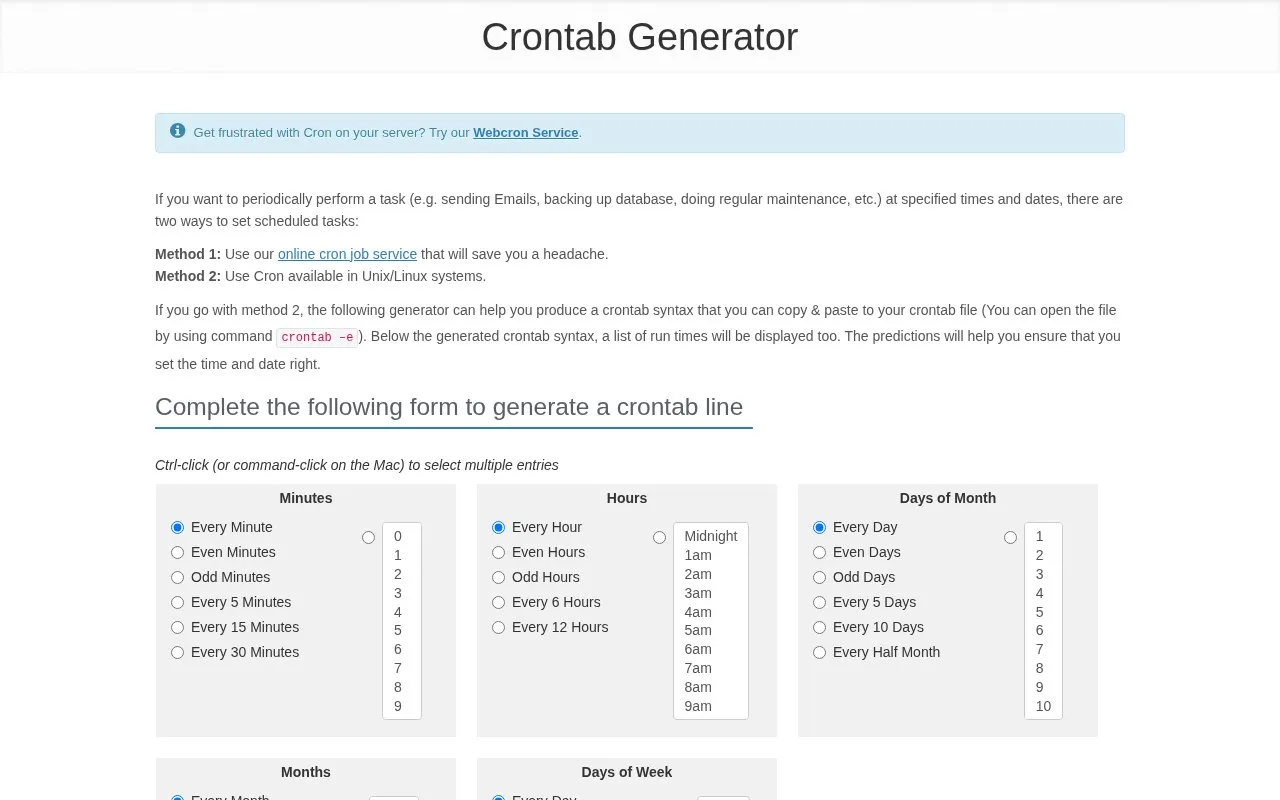 Crontab Generator homepage screenshot