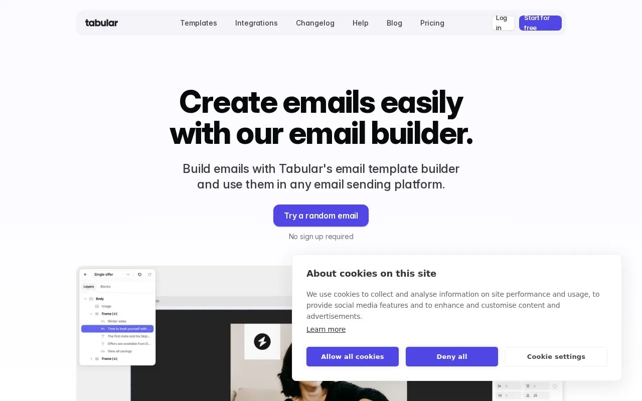 Tabular Email homepage screenshot