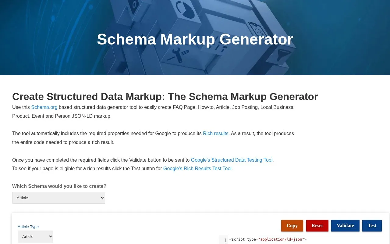 RankRanger Schema Markup Generator homepage screenshot