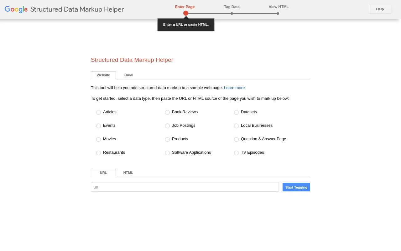 Google Structured Data Markup Helper homepage screenshot