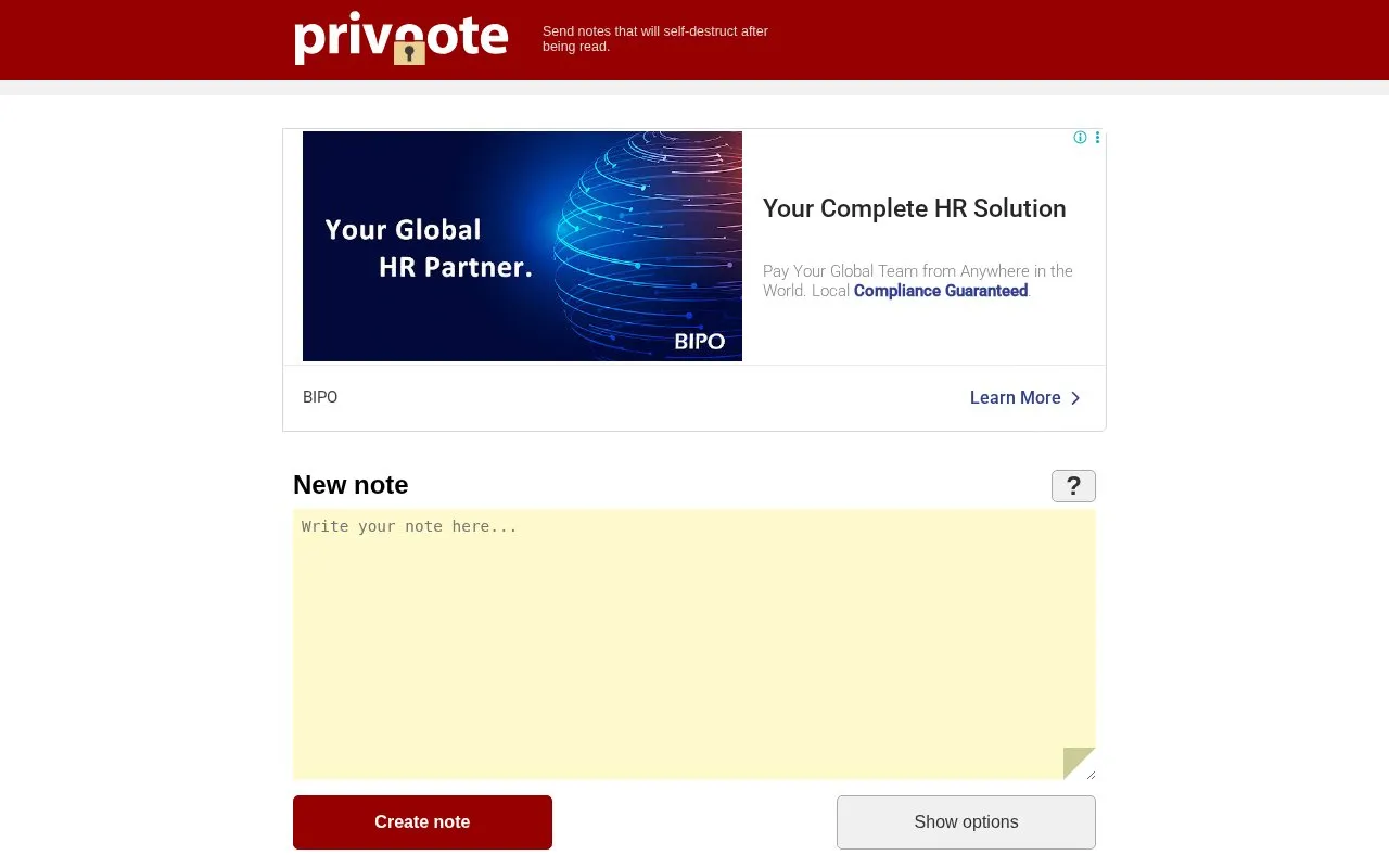 Privnote homepage screenshot