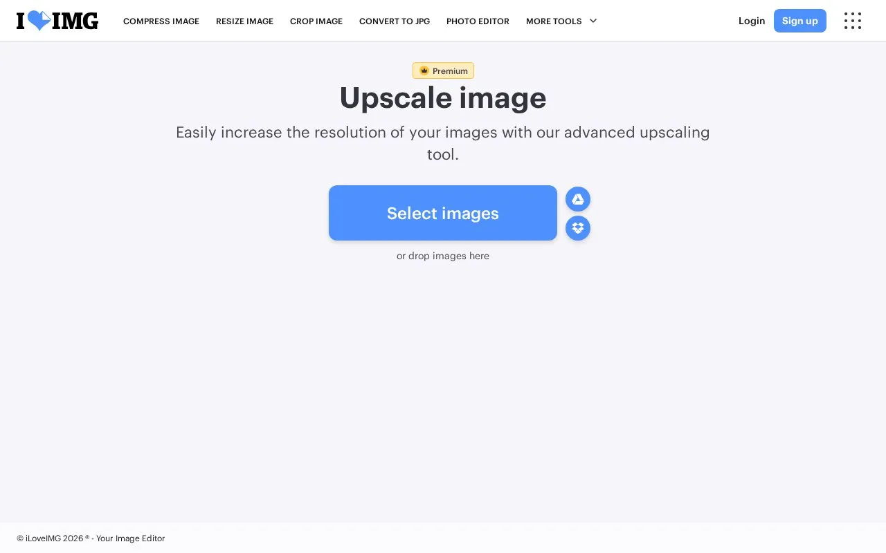 iLoveIMG Upscaler homepage screenshot