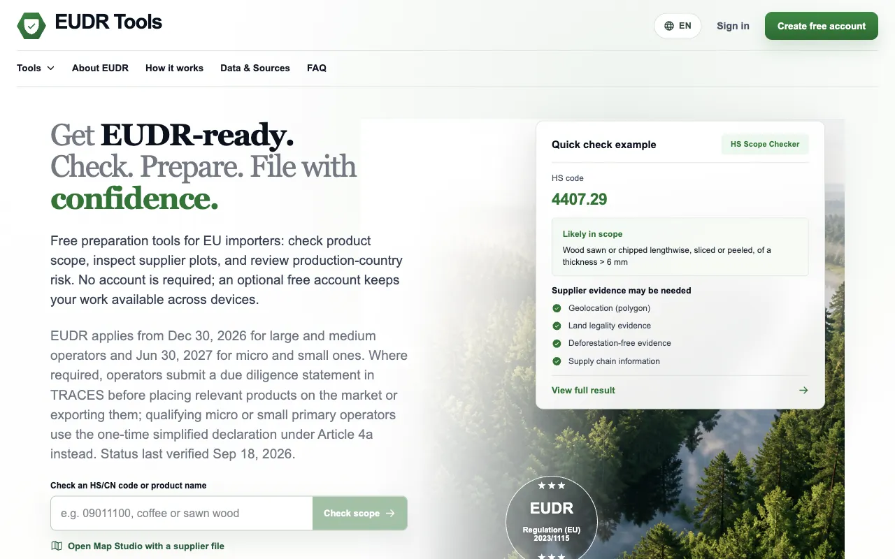 EUDR Tools homepage screenshot